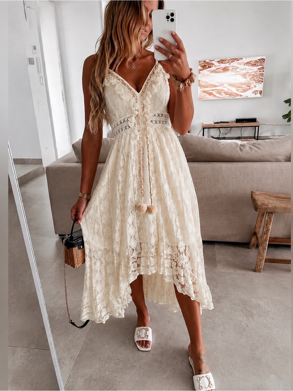 Cupshe Boho Oyster White Lace Dress with Tassel Tie NWT